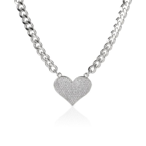 White Gold Plated Micro Pave Heart, CZ Cubic Zirconia Cuban Link Necklace - Picture 1 of 4